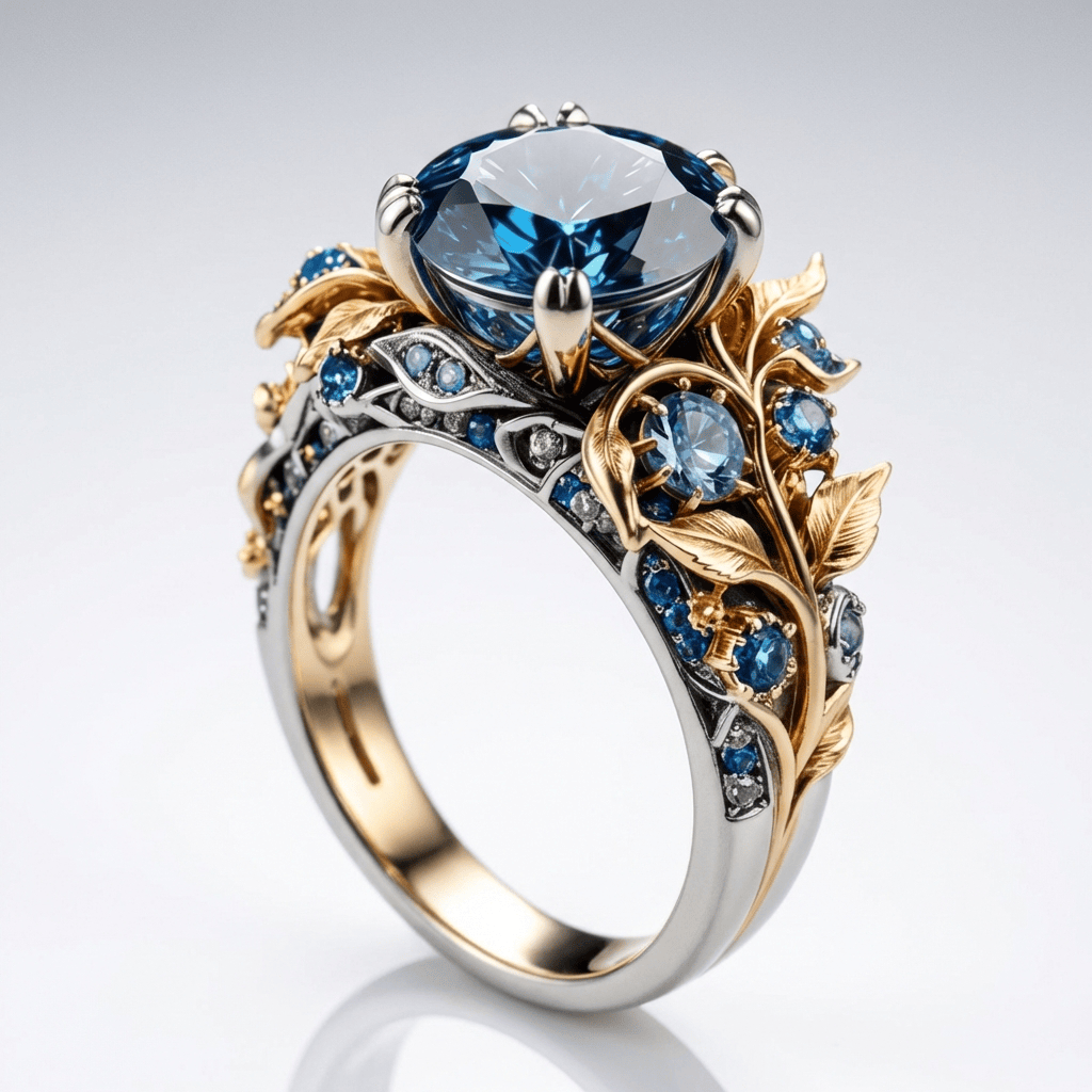 Anel vintage Rose & Oliver com topoaz azul e dourado, detalhes ornamentais e acabamento elegante.