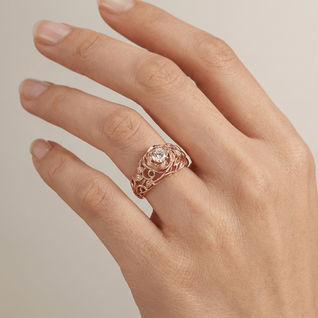Anillo vintage de circón rosa tallado de Rose & Oliver, con diseño clásico y detalles ornamentales en plata.