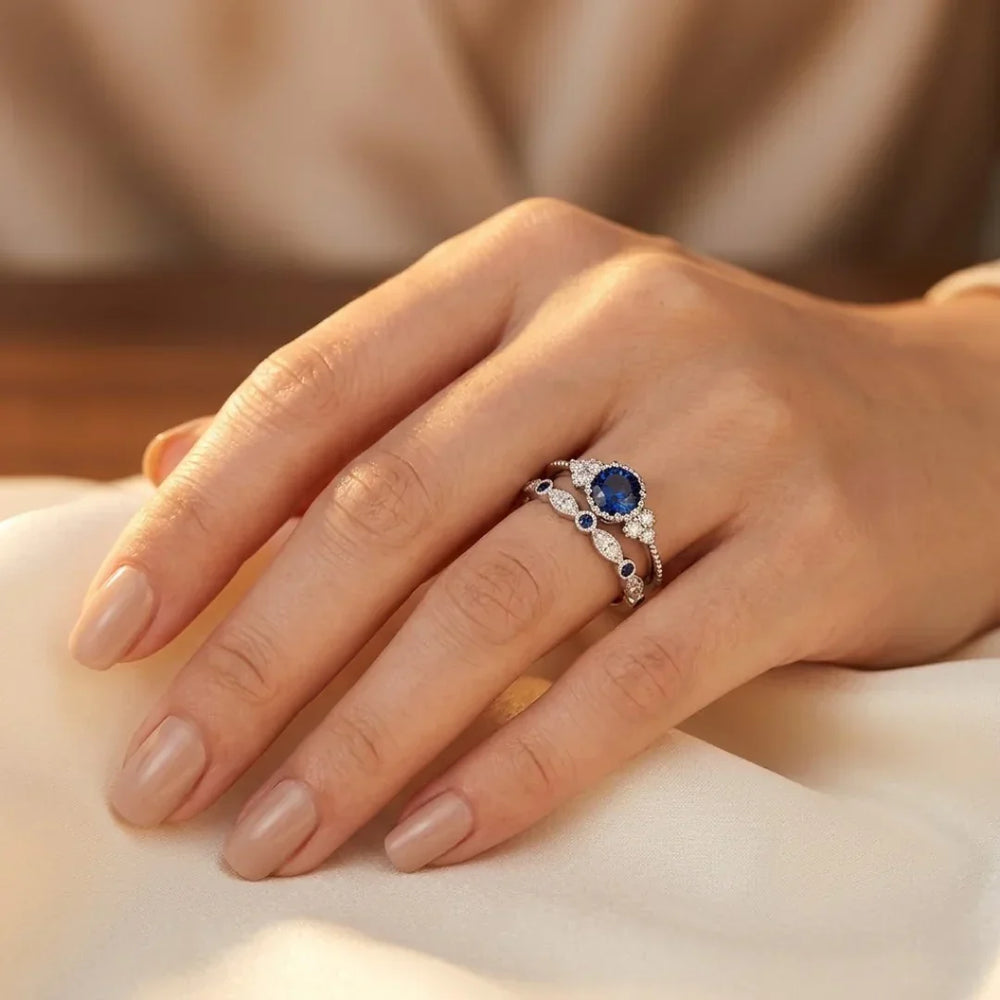 Silber-Saphir-Halo-Ring