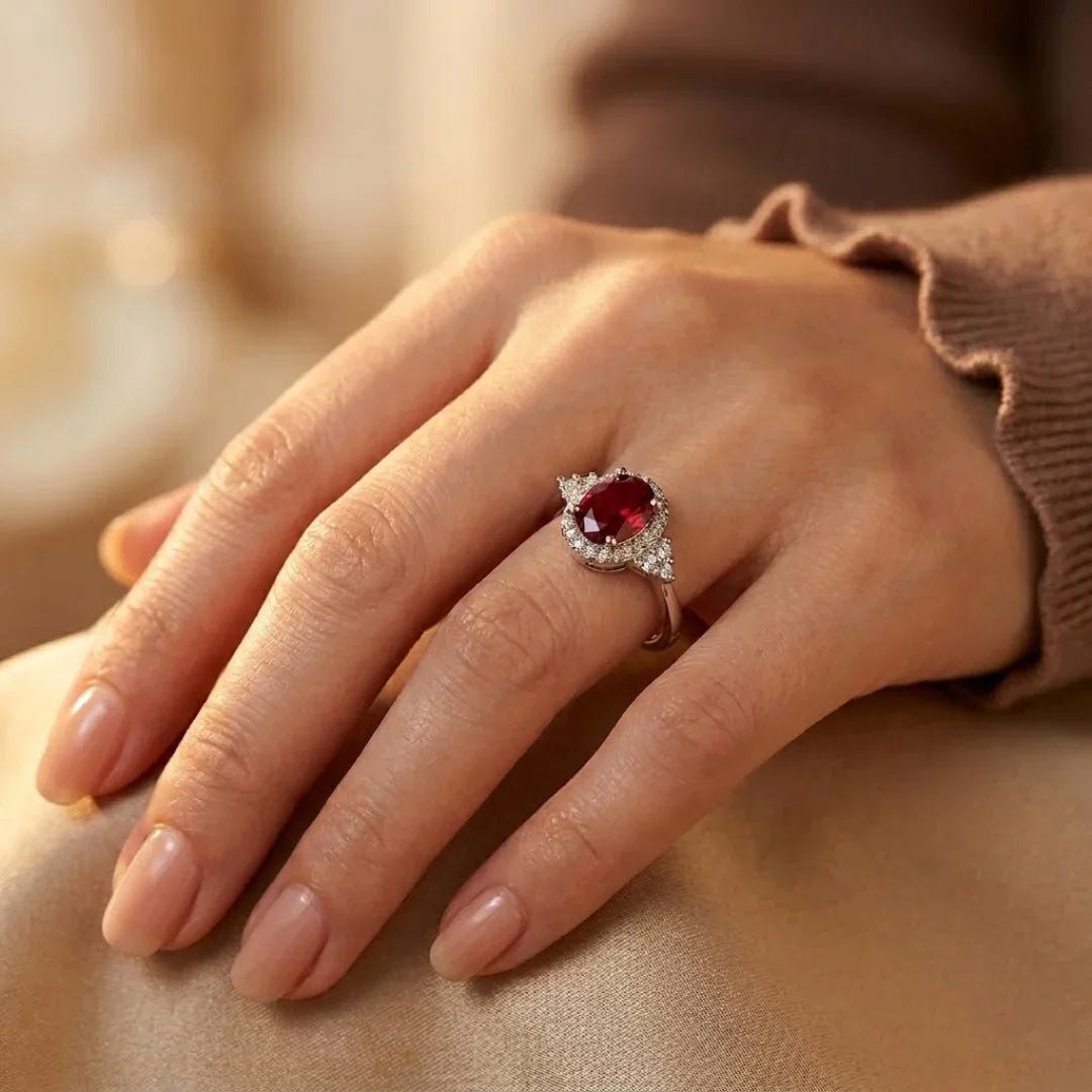 Anillo de plata con halo de rubíes, joya de la marca Rose & Oliver, mostrando detalles elegantes y brillo sofisticado.