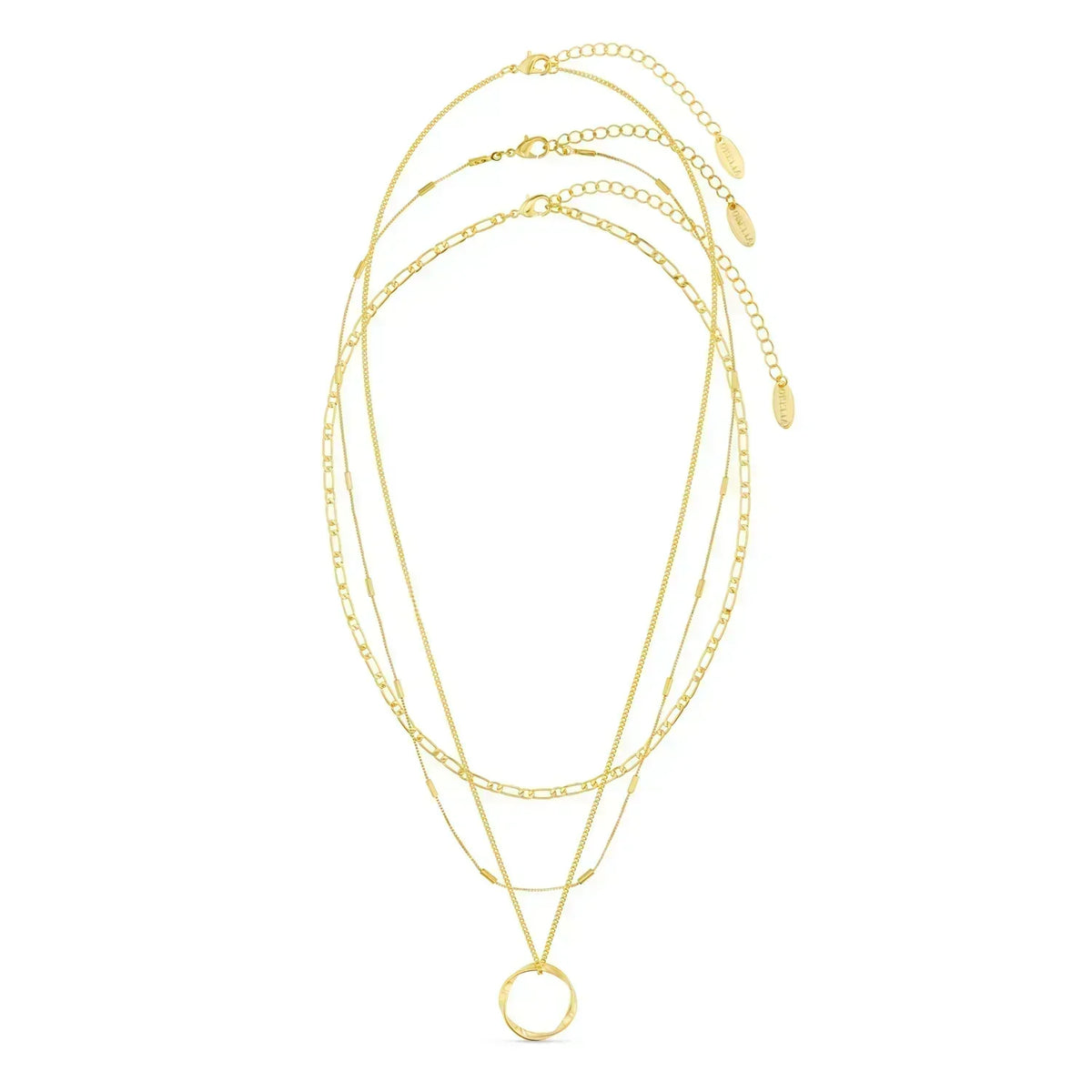 Collar Circa™ Rose & Oliver con círculos dorados abiertos en tres filas, estilo elegante y contemporáneo.